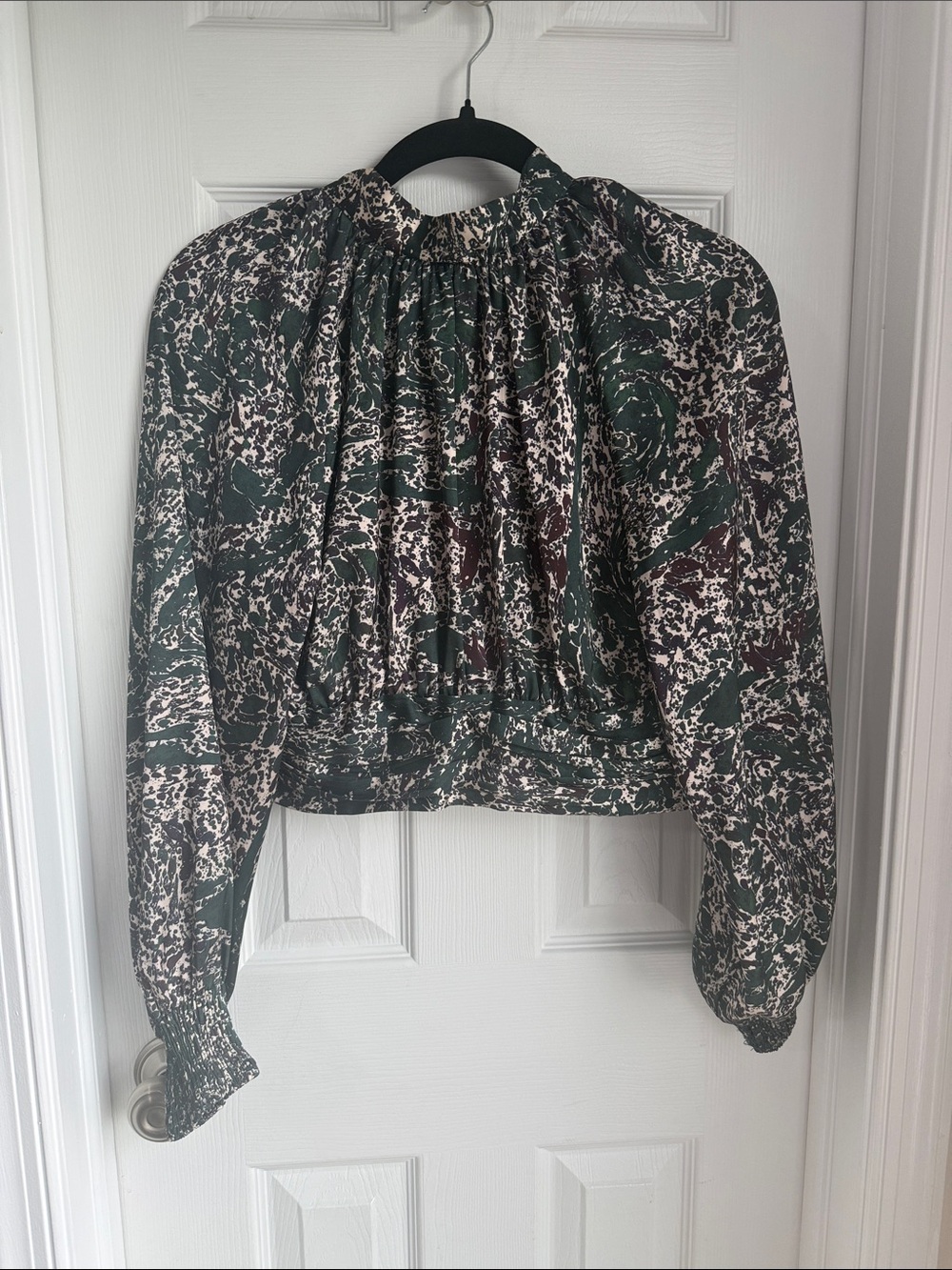 Zara Dark Green and White Printed Long-Sleeve Blouse